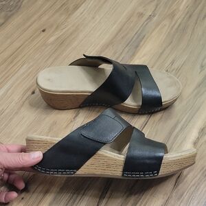 Dansko Lacee Black Leather Wedge Sandals